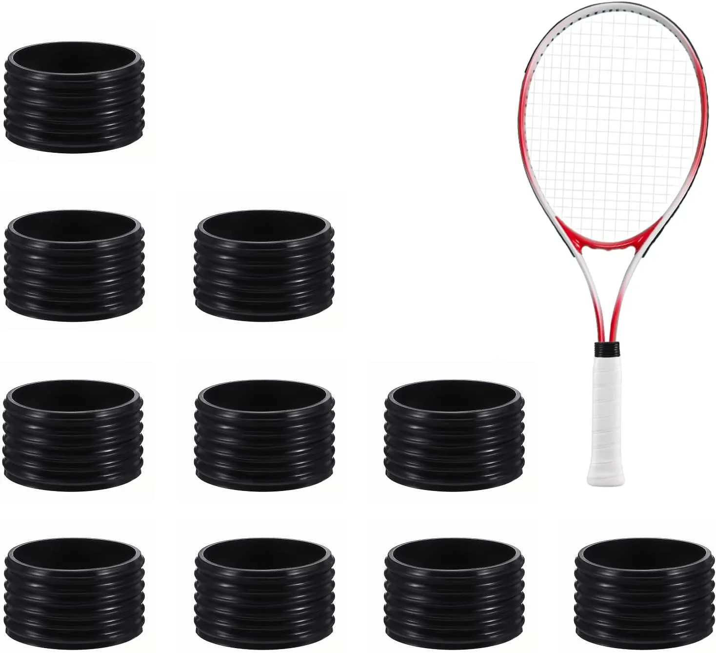 10 PCS Black Tennis Racket Handle Rubber Ring, Tennis Racket Silicone Racquet Grip Ring Racket Grip Bands Rubber Ring, Absorbent Overgrip in Place for Badminton Squash Baseball Racquetball Bat Handle