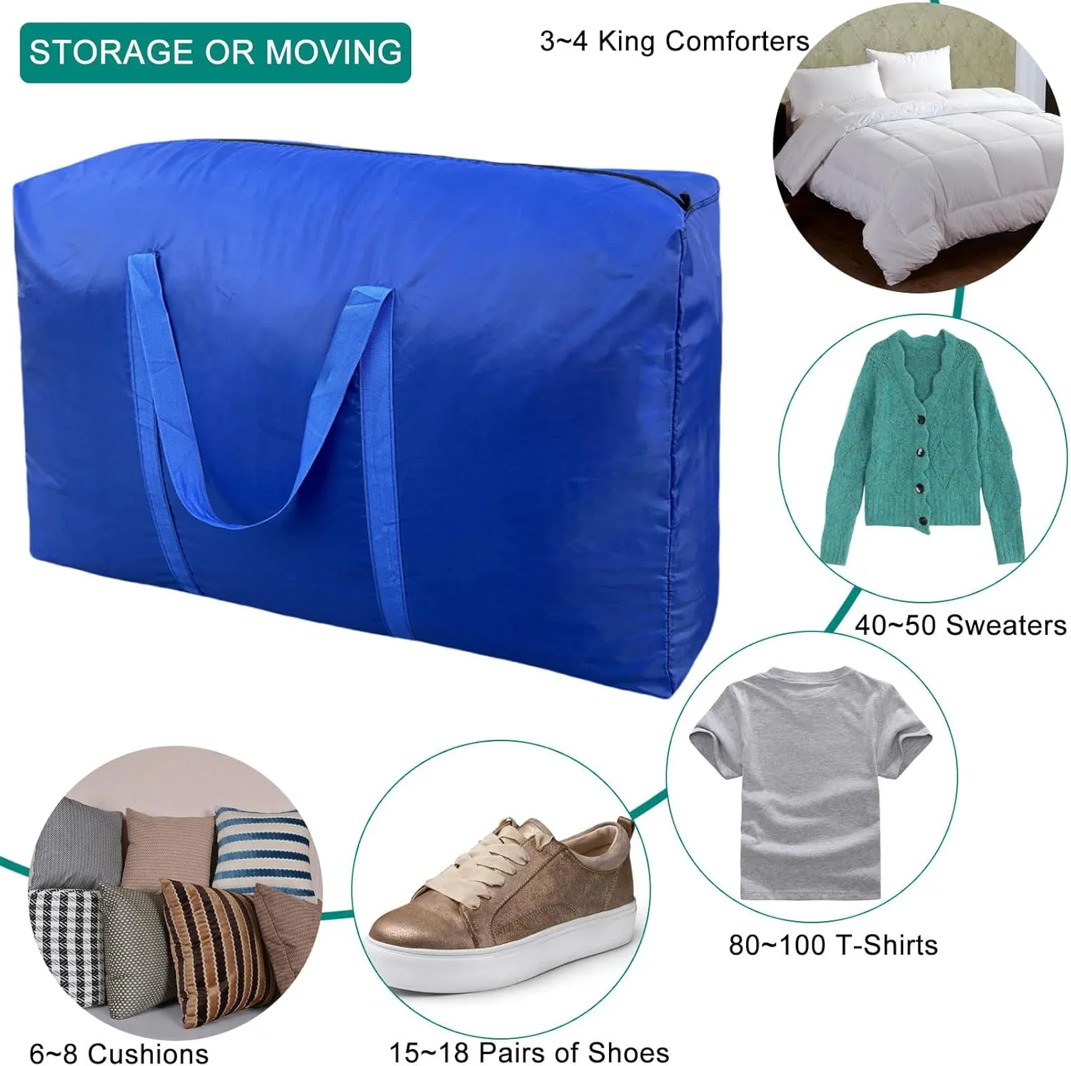 100L Extra Large Storage Bags, Big Moving Bags with Strong Zippers & Carrying Handles, Packing Bags for Moving, Storage, Travel and Camping, Storage Totes For Space Saving (Blue, 4 Pack)
