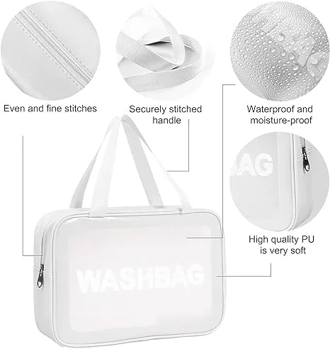 3 PCS PU Leather Portable Toiletry Bags with Handle, Translucent Waterproof travel Make up Bags for Women, Large Capacity Travel Cosmetic Bags (White)