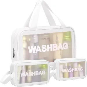 3 PCS PU Leather Portable Toiletry Bags with Handle, Translucent Waterproof travel Make up Bags for Women, Large Capacity Travel Cosmetic Bags (White)