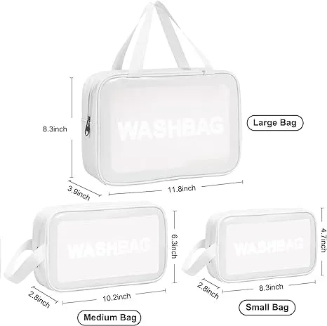 3 PCS PU Leather Portable Toiletry Bags with Handle, Translucent Waterproof travel Make up Bags for Women, Large Capacity Travel Cosmetic Bags (White)