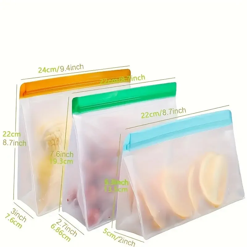 3-Piece Set: Reusable Silicone Food Storage Bag, Leak Proof And Reusable Freezer Bag - Small, Medium and Large