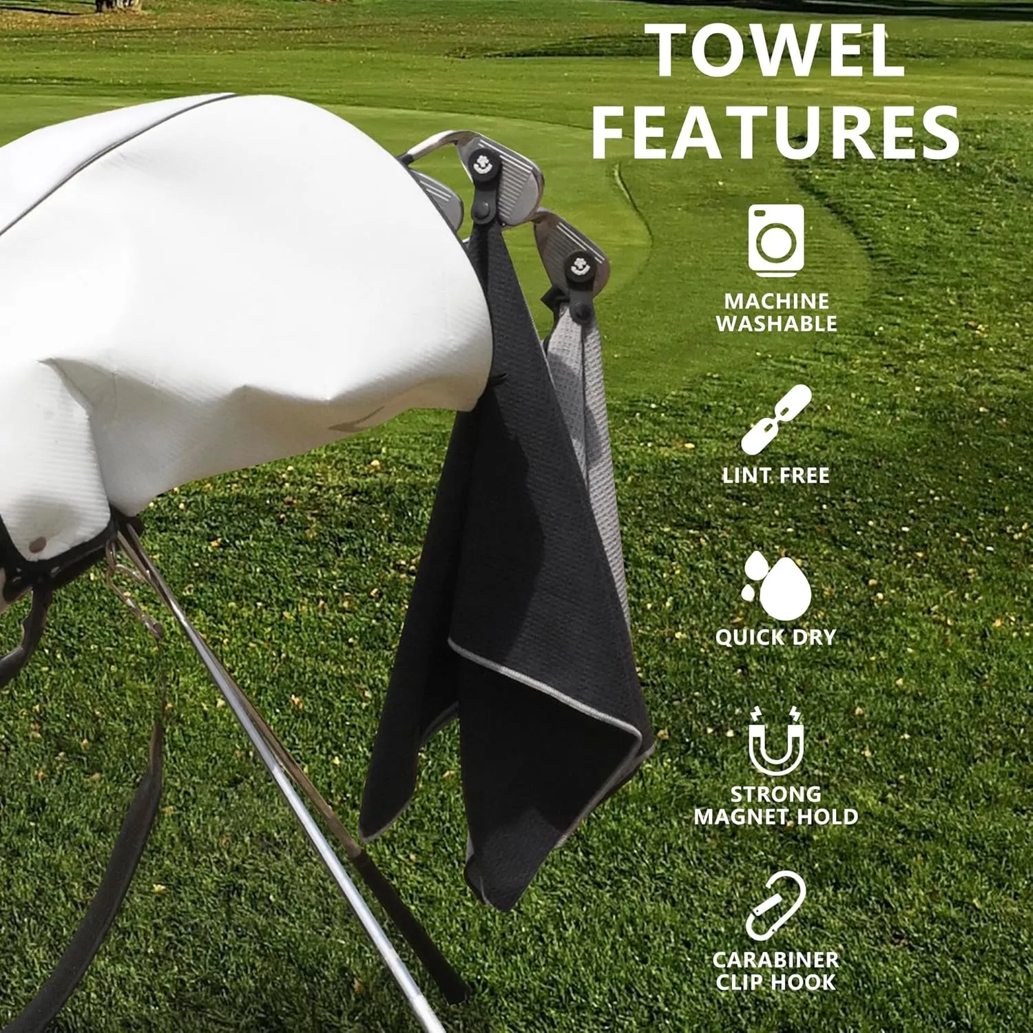 4Monster Golf Towels 3-Pack with Detachable Magnet and Portable Pouch, Quick-Dry Microfiber Golf Towel Set for Golf Bags,Custom Towel Gifts for Men or Women (3, White)