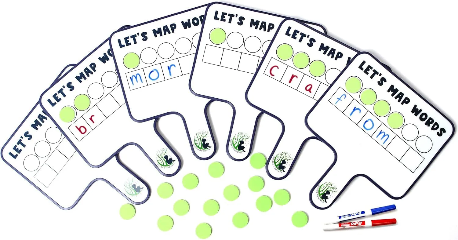 6 Word Mapping Paddles | Orthographic Mapping & Science of Reading Manipulatives | Double-Sided Magnetic Whiteboard Paddles w/ 36 Magnetic Discs