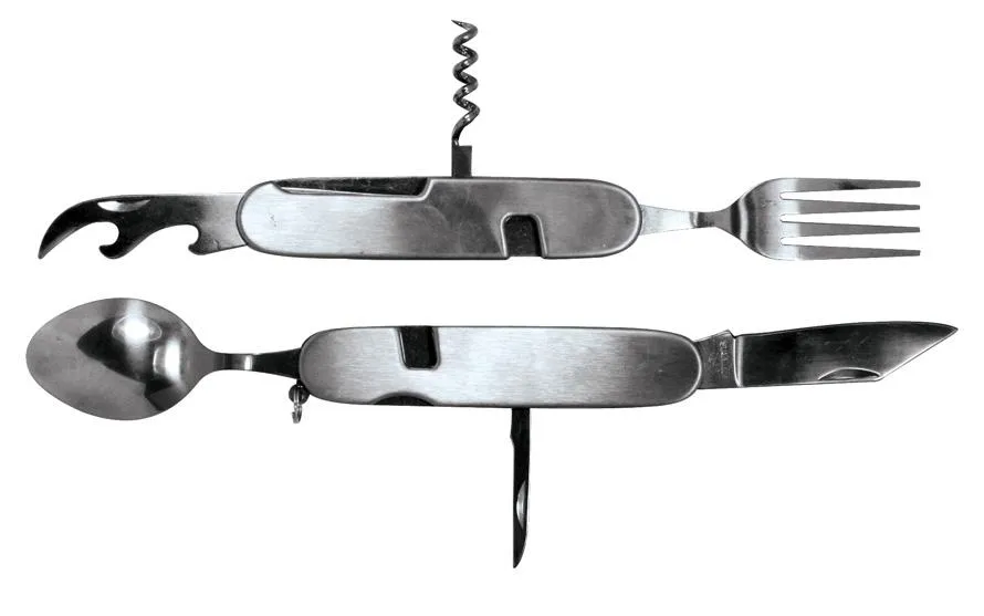 7-in-1 Stainless Steel Multi-Function Camping Tool, Utensils & Opener, in a Nylon Pouch