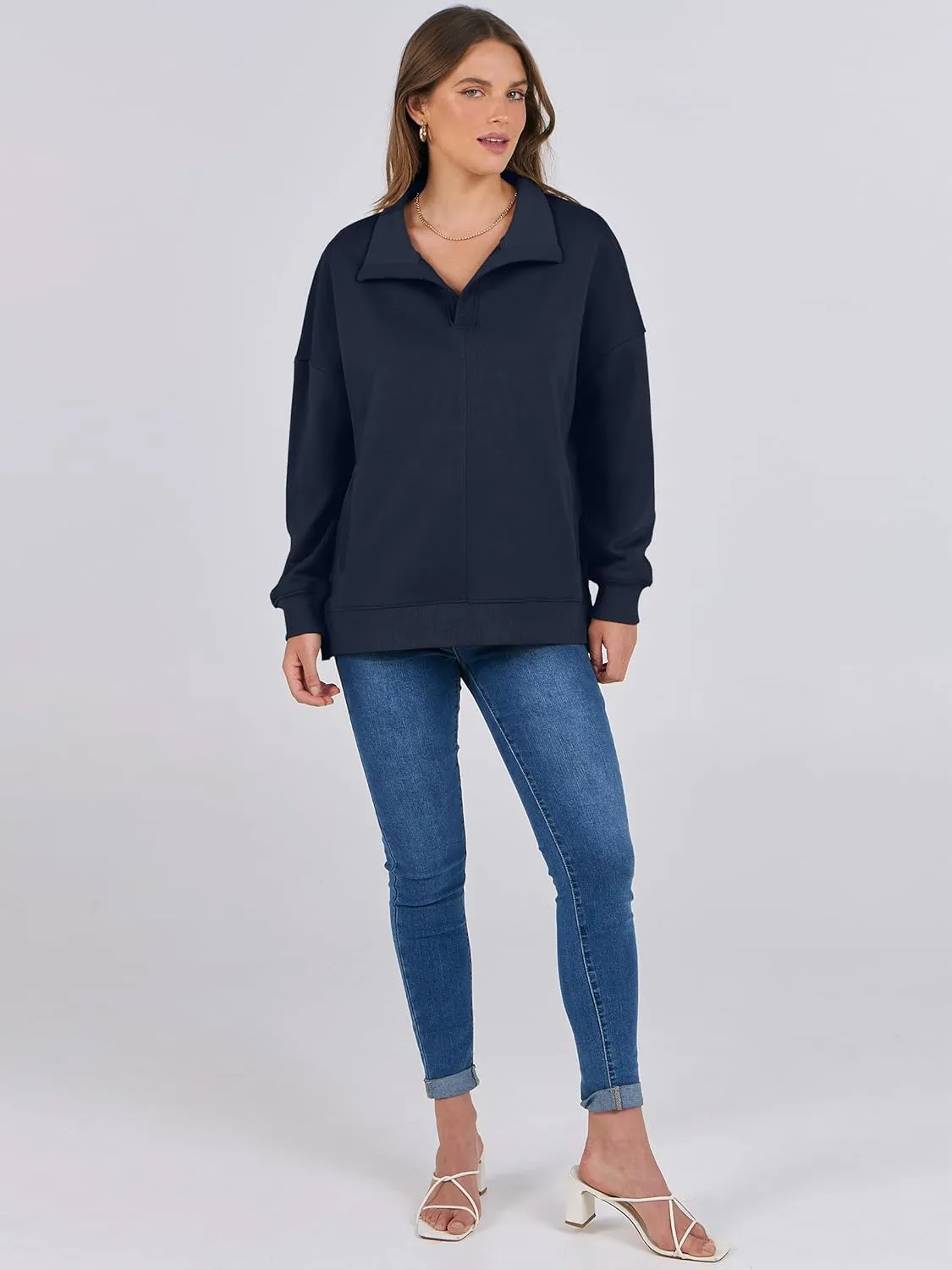 ANRABESS Women Long Sleeve Polo V Neck Split Casual Loose Fit 2025 Fall Tunic Pullover Sweatshirts with Pockets