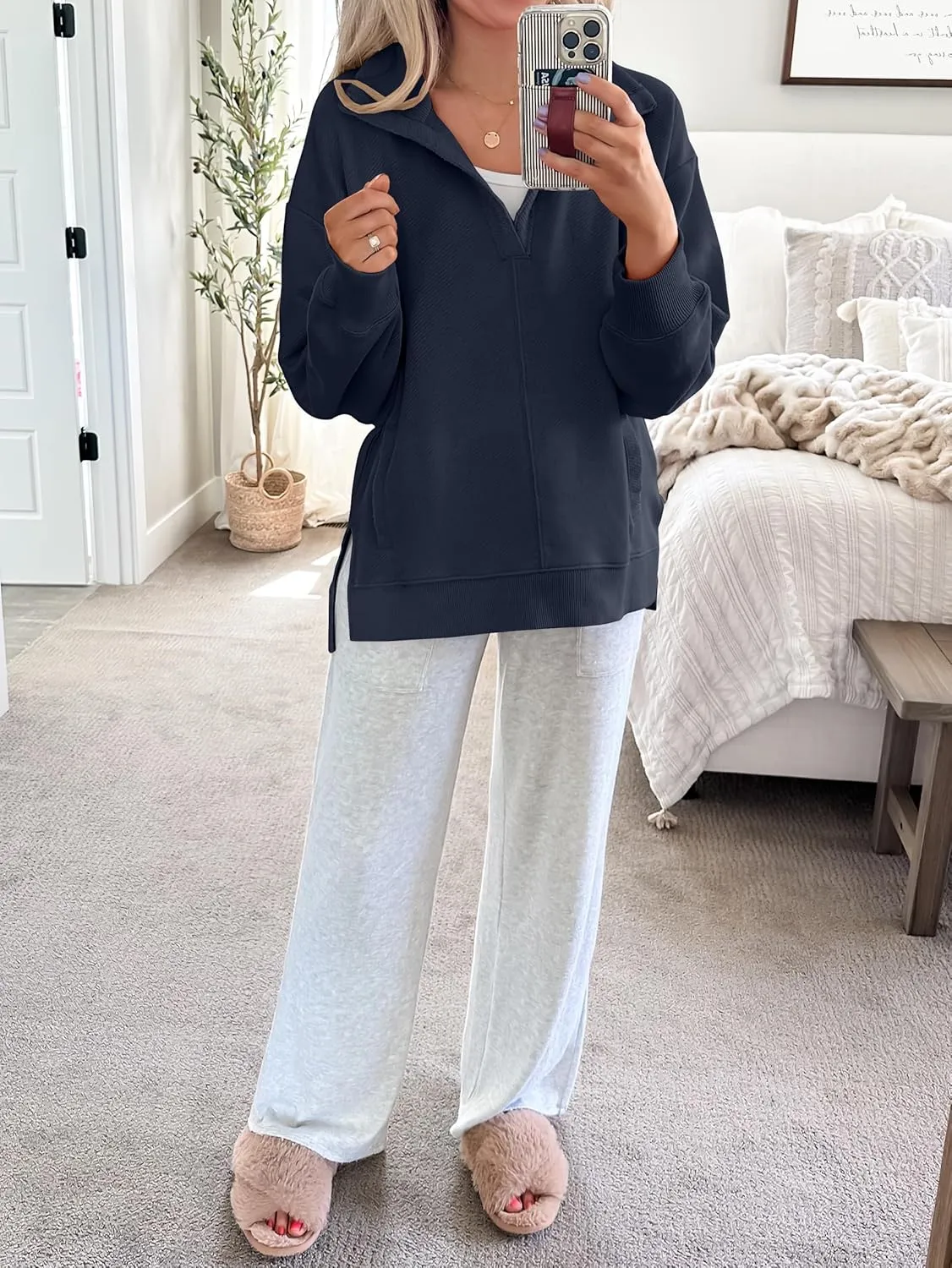 ANRABESS Women Long Sleeve Polo V Neck Split Casual Loose Fit 2025 Fall Tunic Pullover Sweatshirts with Pockets