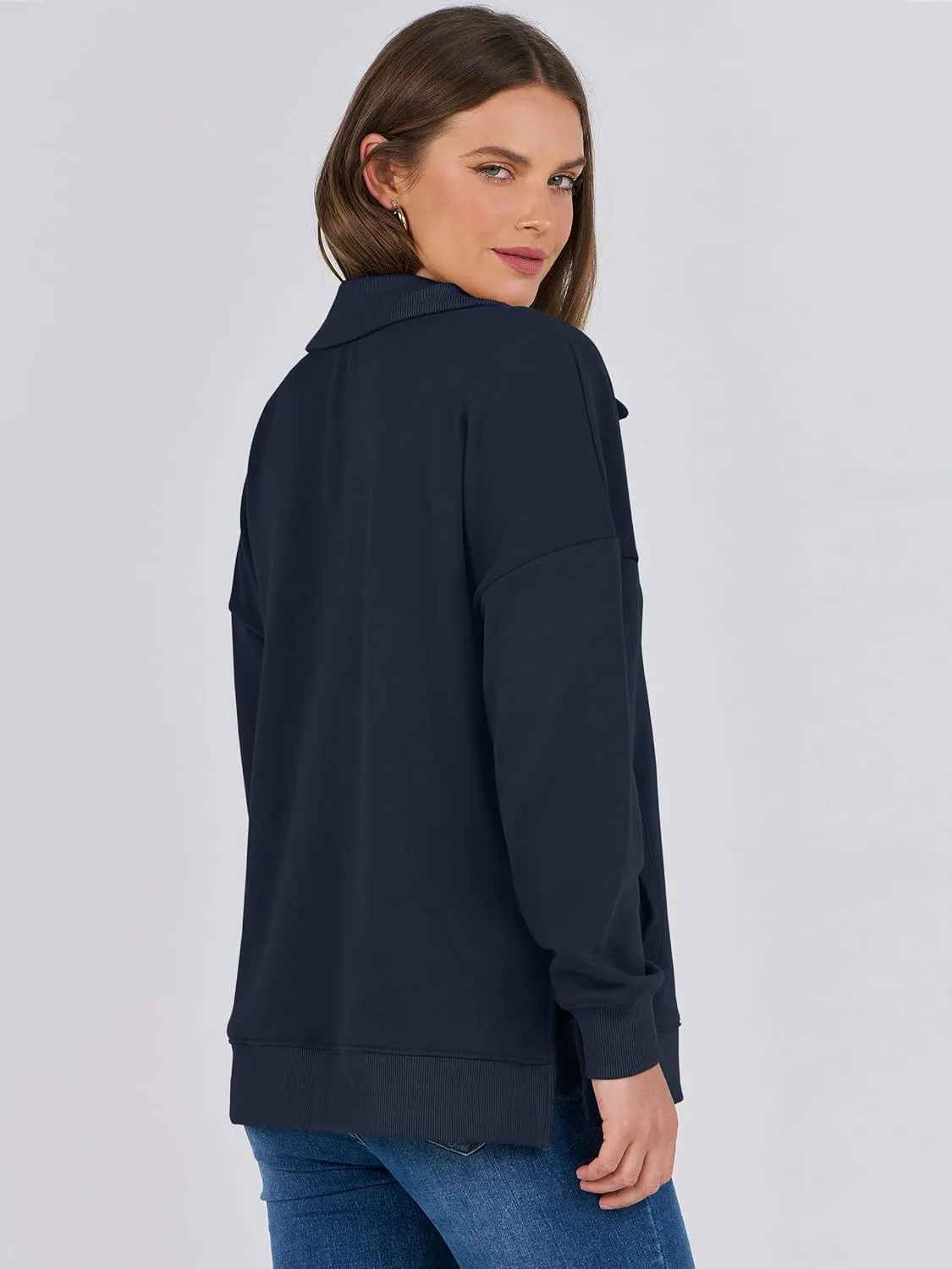 ANRABESS Women Long Sleeve Polo V Neck Split Casual Loose Fit 2025 Fall Tunic Pullover Sweatshirts with Pockets