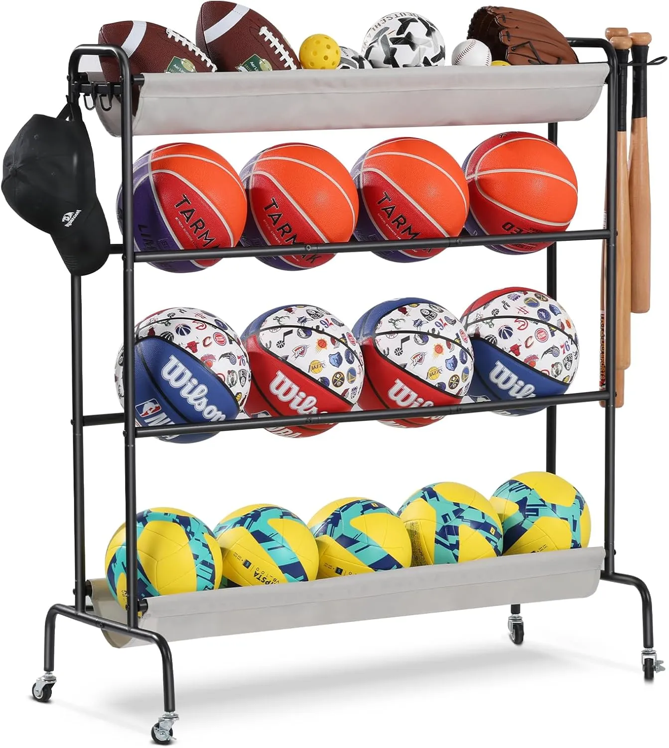 Basketball Rack, Rolling Ball Storage Stand with Baseball Bat Holder Storage Cart and Movable Hooks 4-Layer Organizer Holder with Wheels for Volleyball Football Rugby Balls
