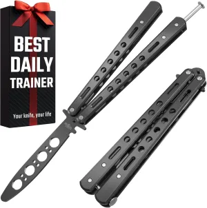 Butterfly Knife - Balisong Trainer - Black Practice Butterfly Trainer with Sure Spring Latch - Balisong Knives NOT Real NOT Sharp Blade - Full Stainless Steel Fake Dull Trick CSGO Fidget Toy K10B