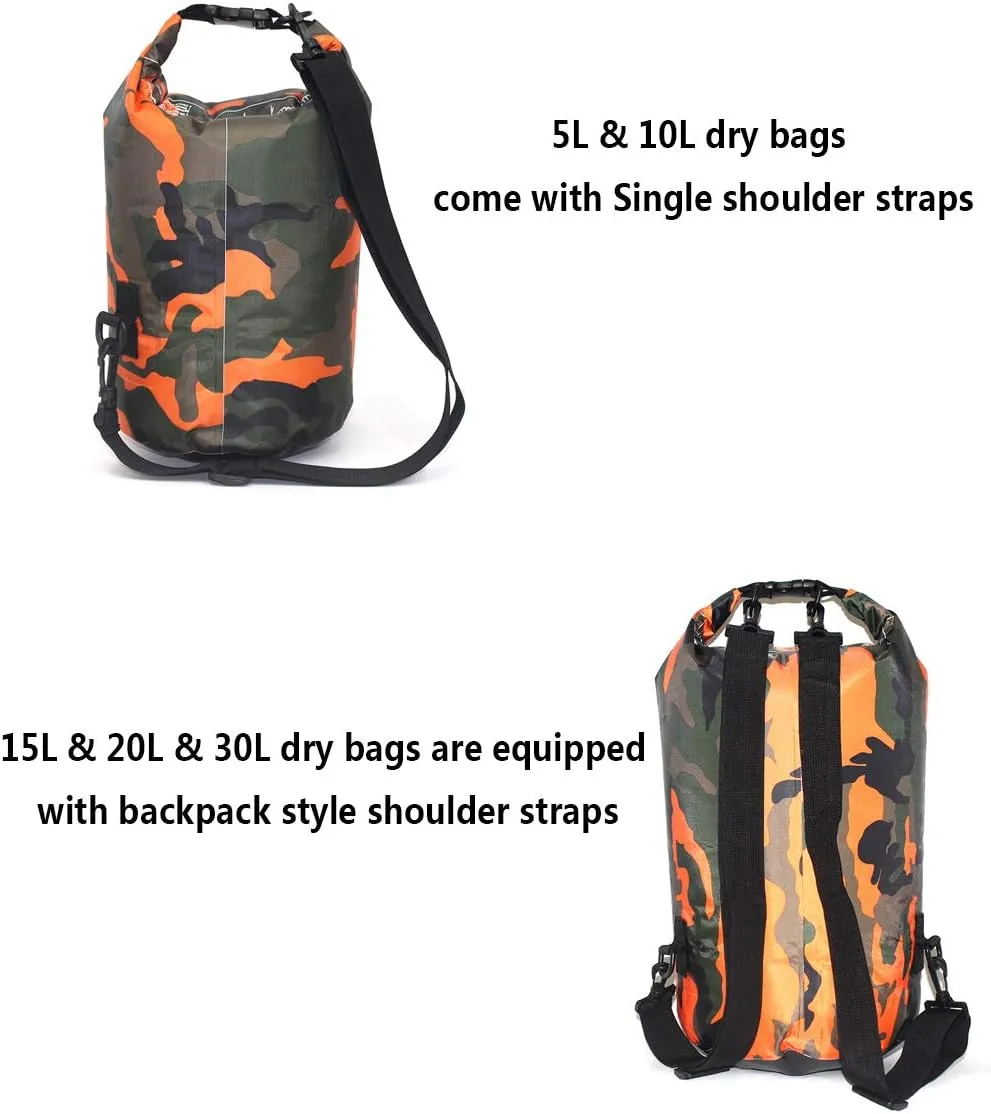 Camo Waterproof Dry Bag 5L/ 10L/ 15L/ 20L/ 30L, Roll Top Dry Compression Sack Keeps Gear Dry for Kayaking, Boating, Rafting, Fishing and Camping with A 2L Small Waterproof Bag