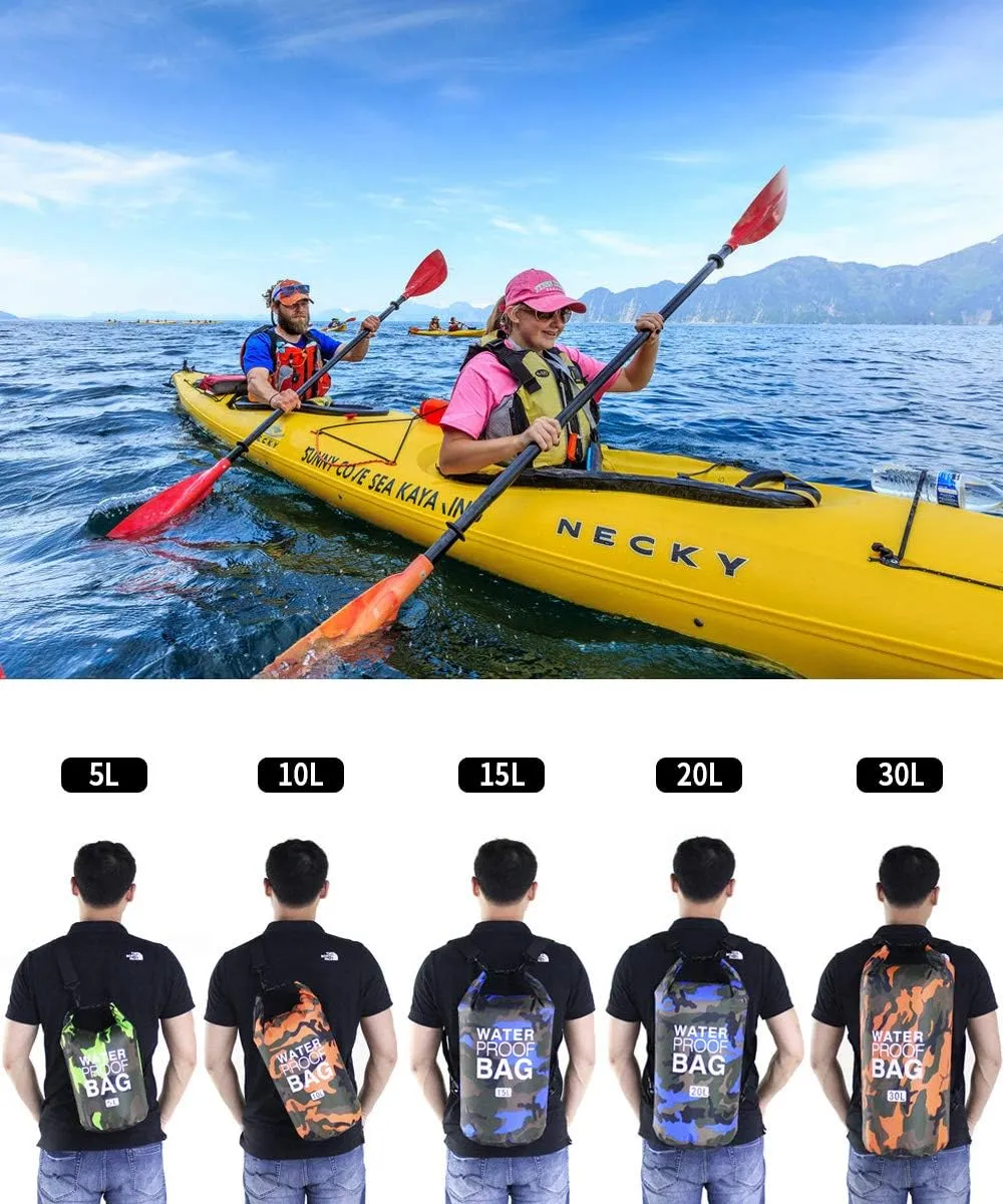 Camo Waterproof Dry Bag 5L/ 10L/ 15L/ 20L/ 30L, Roll Top Dry Compression Sack Keeps Gear Dry for Kayaking, Boating, Rafting, Fishing and Camping with A 2L Small Waterproof Bag