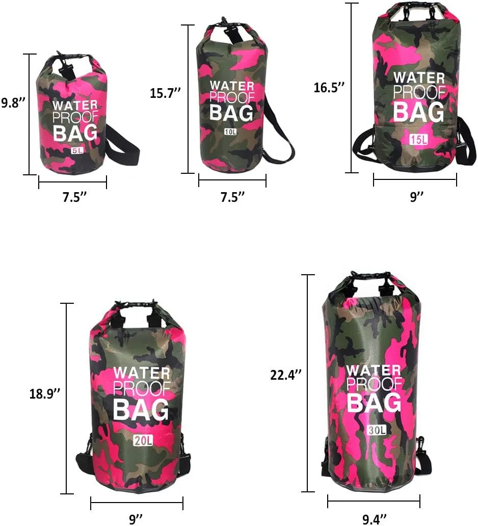 Camo Waterproof Dry Bag 5L/ 10L/ 15L/ 20L/ 30L, Roll Top Dry Compression Sack Keeps Gear Dry for Kayaking, Boating, Rafting, Fishing and Camping with A 2L Small Waterproof Bag