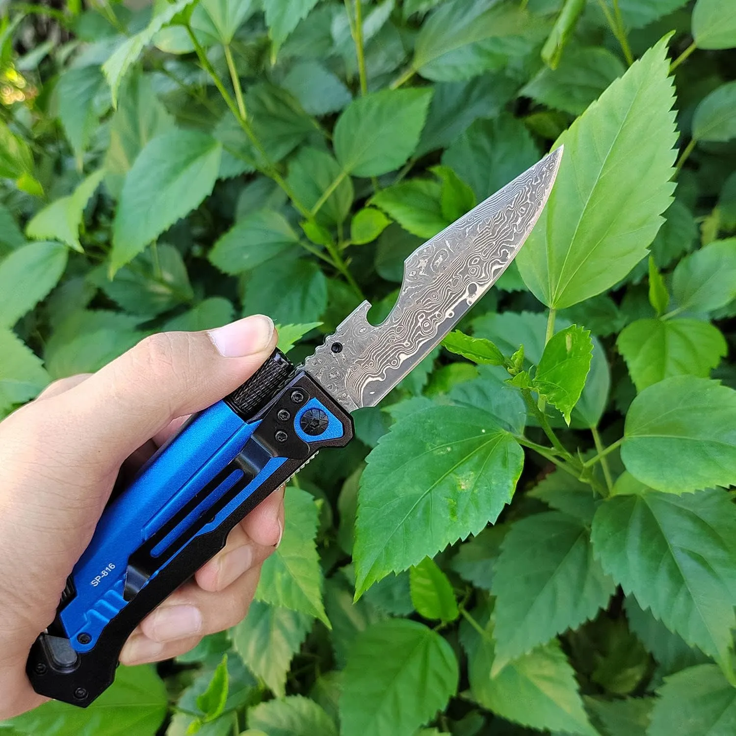 Damascus Steel Folding Pocket Knives Multi Function Emergency Tool Knives Led Light Magnesium fire starter Seatbelt cutter Glass breaker Bottle opener (Blue)
