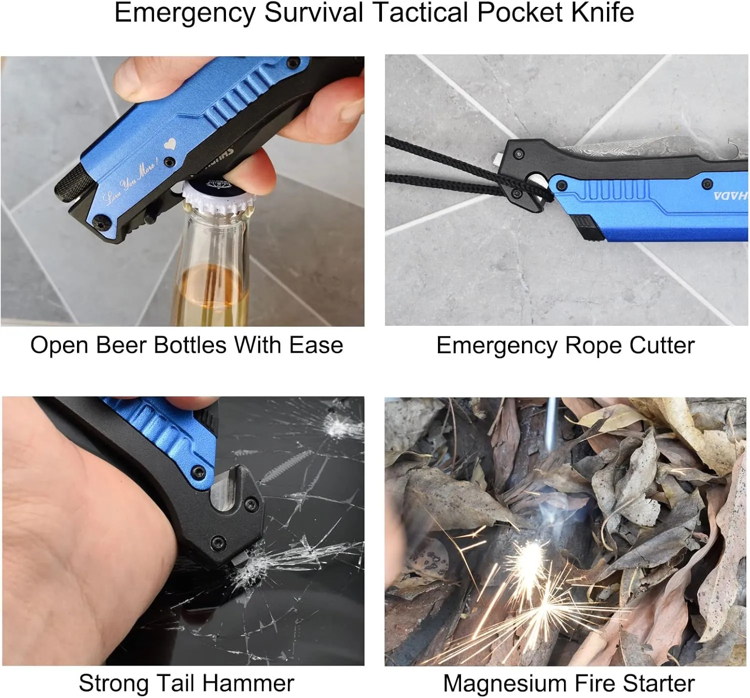 Damascus Steel Folding Pocket Knives Multi Function Emergency Tool Knives Led Light Magnesium fire starter Seatbelt cutter Glass breaker Bottle opener (Blue)