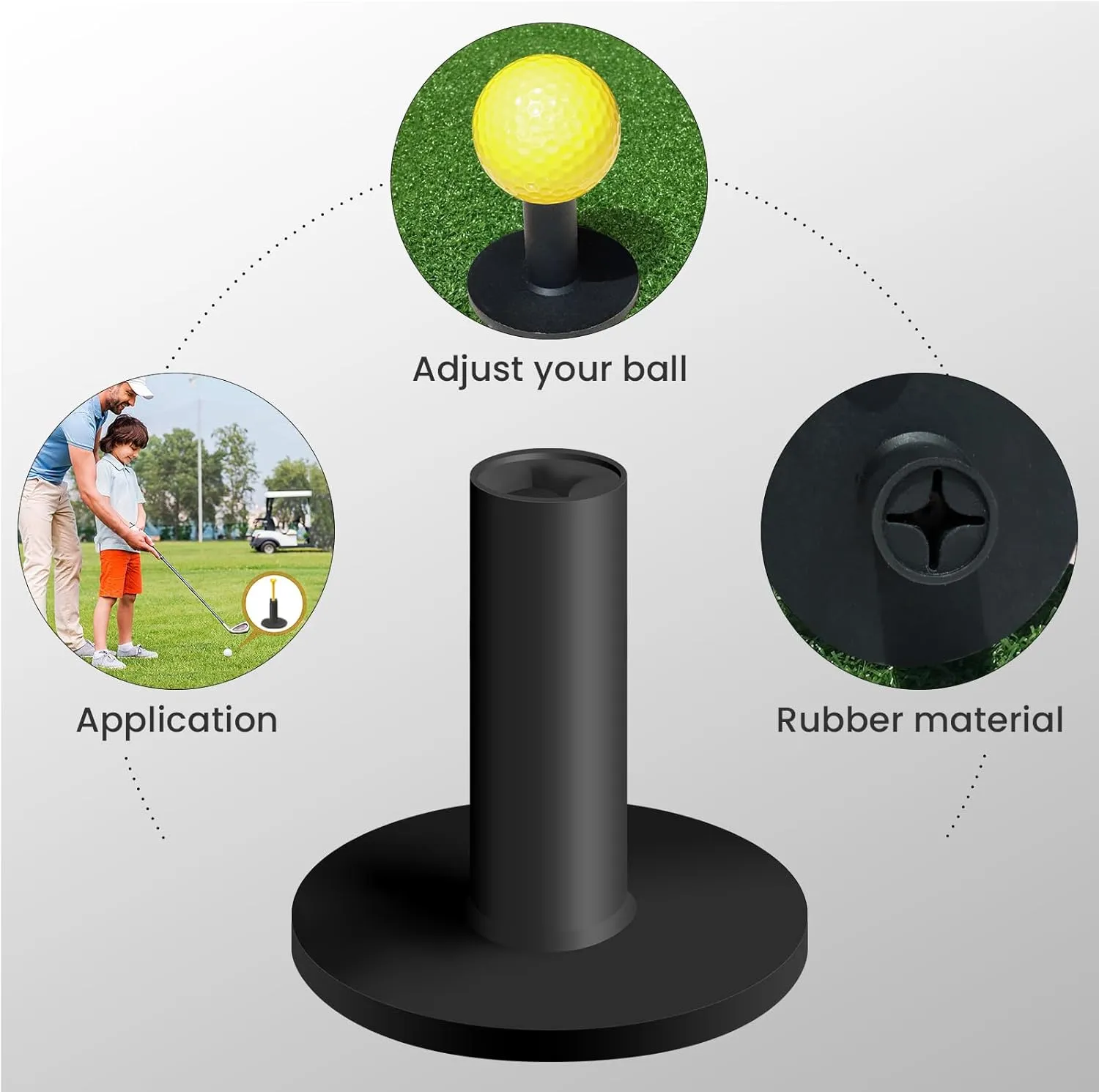 FINGER TEN Golf Rubber Tee Driving Range Value 5 Pack for Indoor Outdoor Practice Mat, Tee Adaptor Size 1.5 2.0White Black Tee Holder Set for Hitting Mats