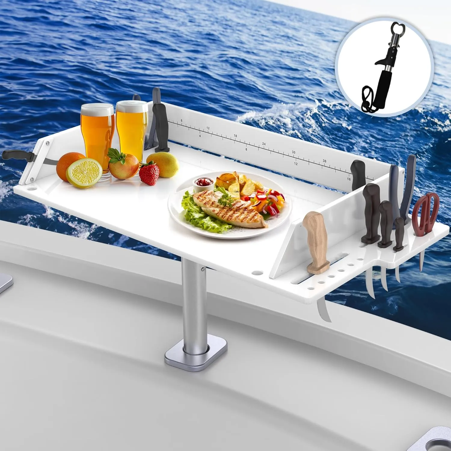 Fishing Boat Bait Cutting Board with 360Adjustable Rotational Stopper Rod Holder Mount Side Organizer Design and Knife Slot, Easy to Install Cleaning Station Extended Boat Fish Cleaning Table