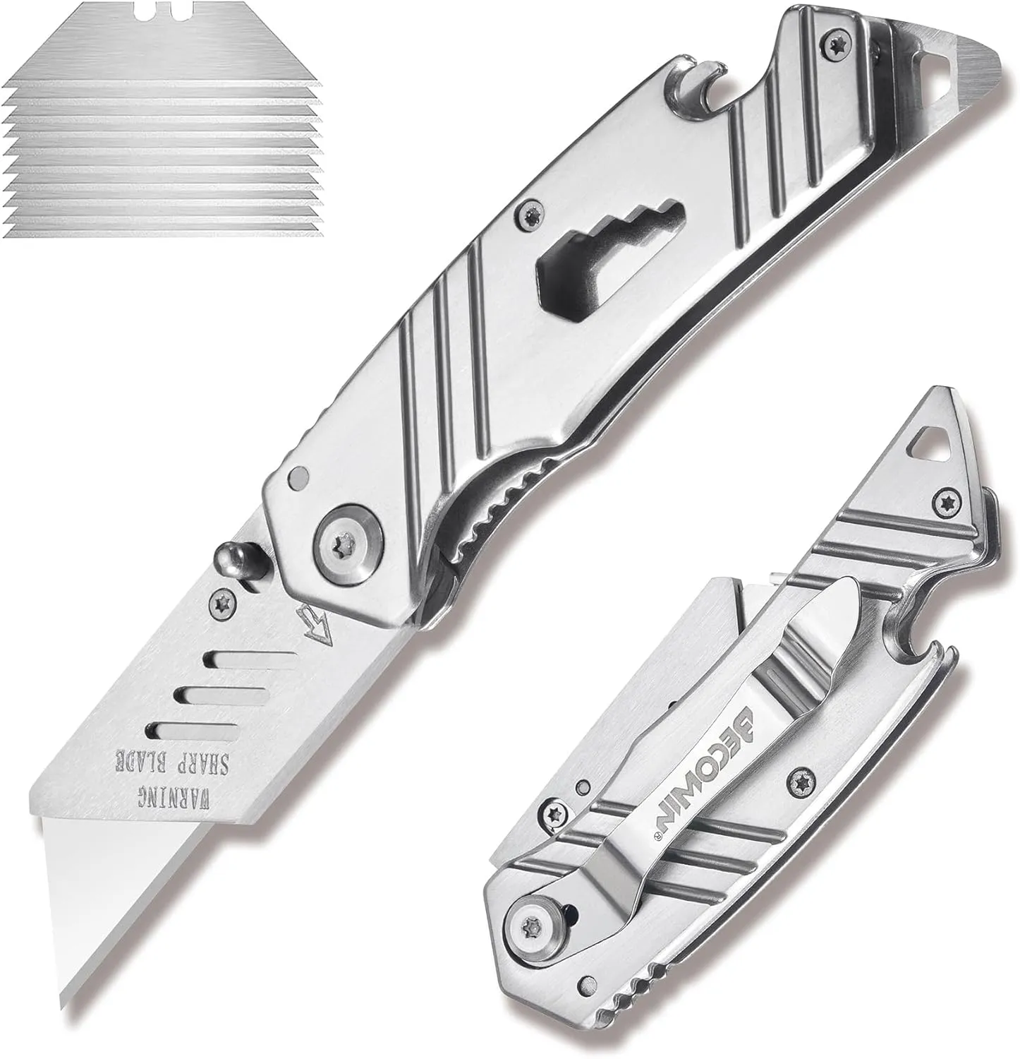 Folding Box Cutter Utility Knife: 6-In-1 Multitool Stainless Steel Pocket Knife Safety Lock for Man - Foldable Knives Wrench Bottle Can Opener Screwdriver - Portable Gift For Husband Boyfriend Dad