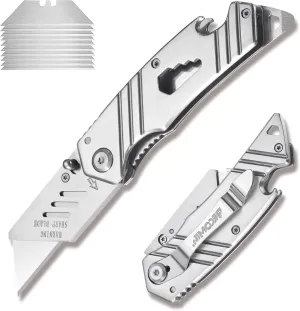 Folding Box Cutter Utility Knife: 6-In-1 Multitool Stainless Steel Pocket Knife Safety Lock for Man - Foldable Knives Wrench Bottle Can Opener Screwdriver - Portable Gift For Husband Boyfriend Dad