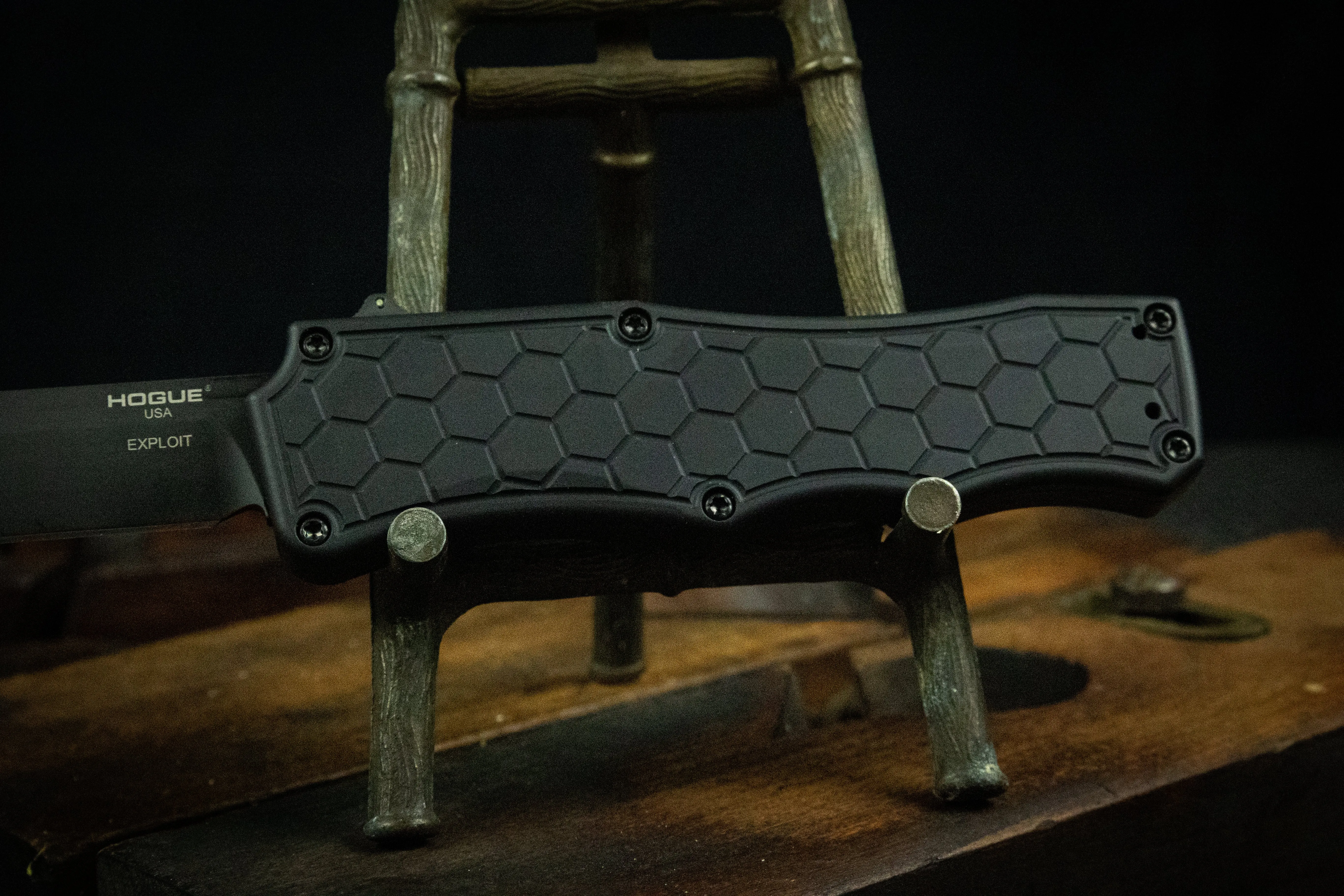 Hogue Exploit OTF Automatic Black PVD FinishTanto Blade  Matte Black Aluminum Frame - Tritium Infused Trigger