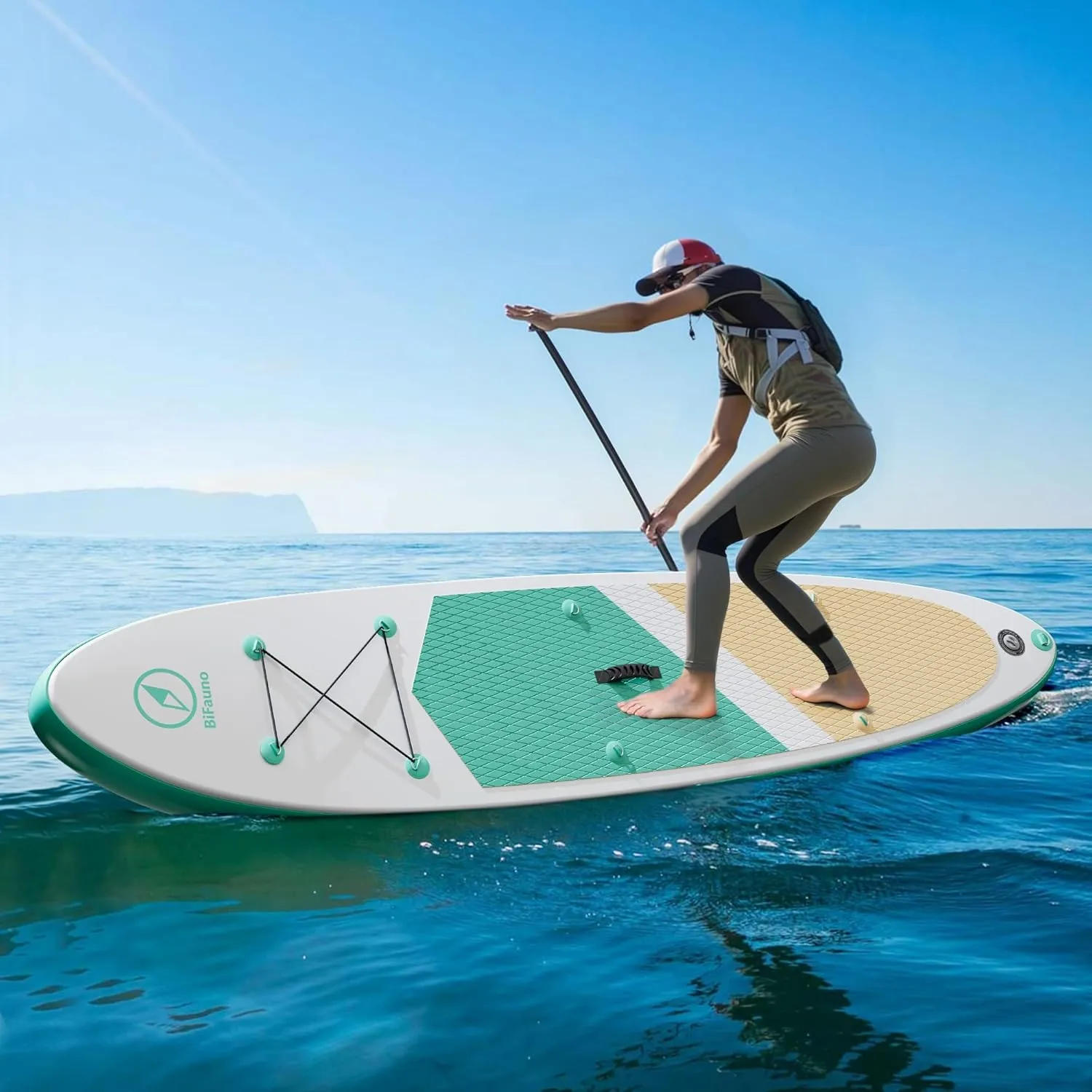 Inflatable Stand Up Paddle Board with SUP Accessories and Backpack. Paddle Boards for Adults. Non-Slip Deck, Wide Stance, Bottom Fin, Double Action Pump