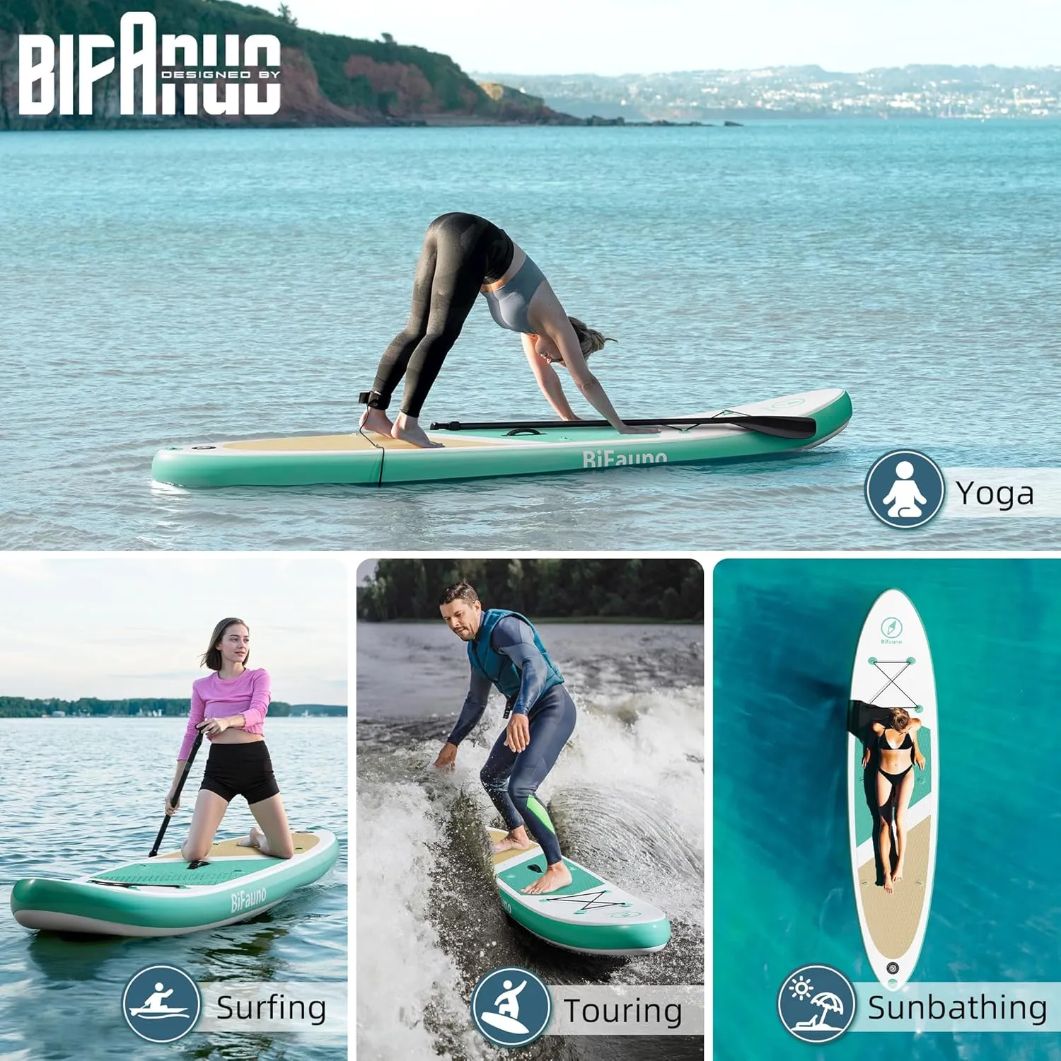 Inflatable Stand Up Paddle Board with SUP Accessories and Backpack. Paddle Boards for Adults. Non-Slip Deck, Wide Stance, Bottom Fin, Double Action Pump