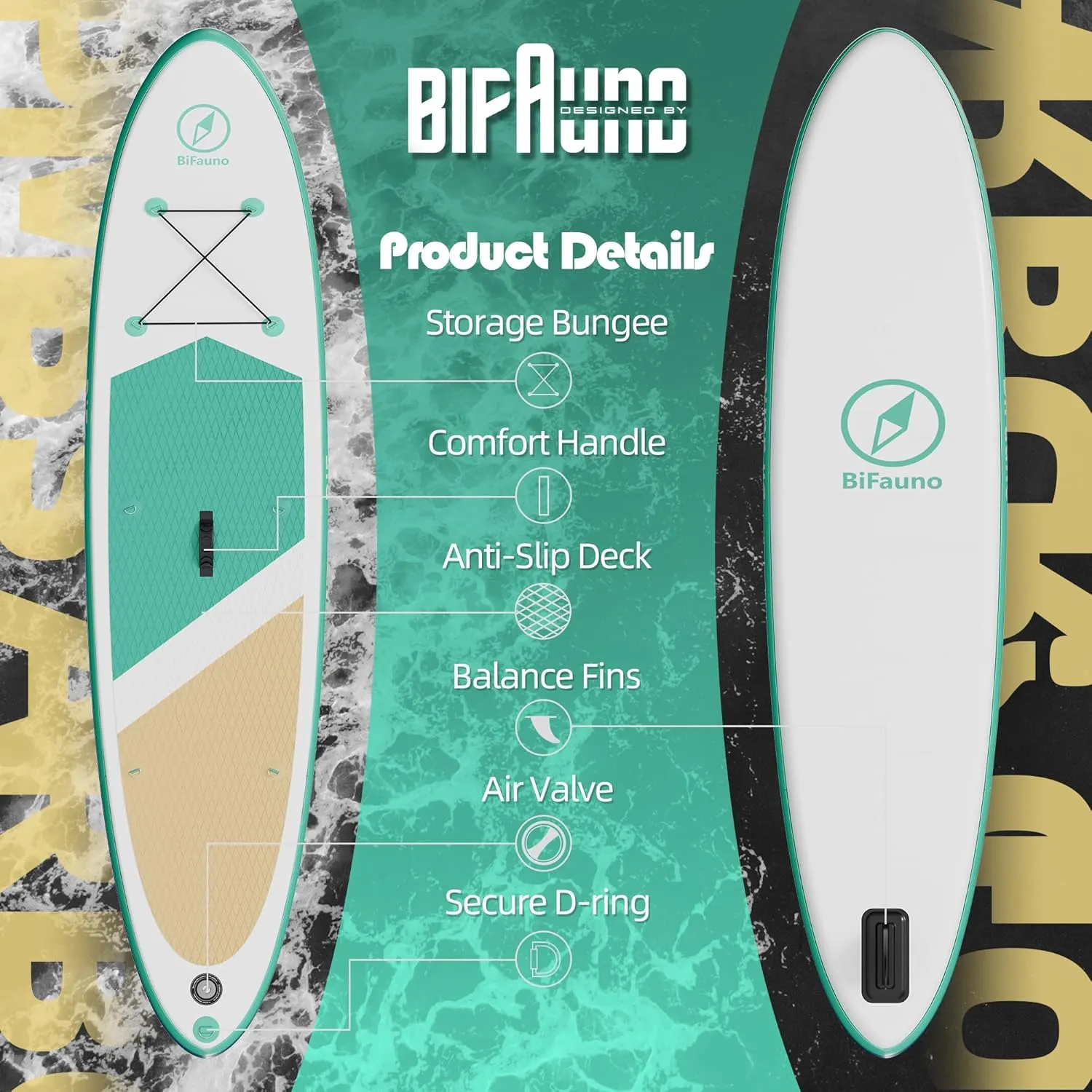 Inflatable Stand Up Paddle Board with SUP Accessories and Backpack. Paddle Boards for Adults. Non-Slip Deck, Wide Stance, Bottom Fin, Double Action Pump