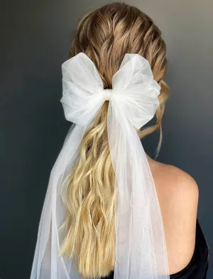 JEAIRTS Bridal Hair Bow Veil Pearl Wedding Hair Piece White Tulle Bow with Clip Bachelorette Party Hair Accessories for Women (Style 3)