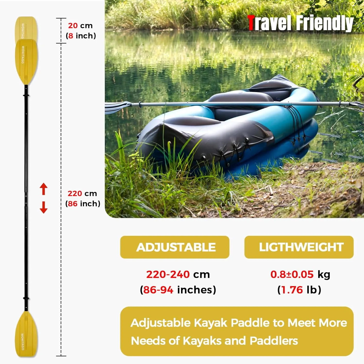 Kayak Paddles with Aluminum Shaft and PP Blade, Portable Kayaking Oars for Inflatable Kayak, Packrafts, Adjustable 220-240 cm/86-94 Inches, 5 Piece