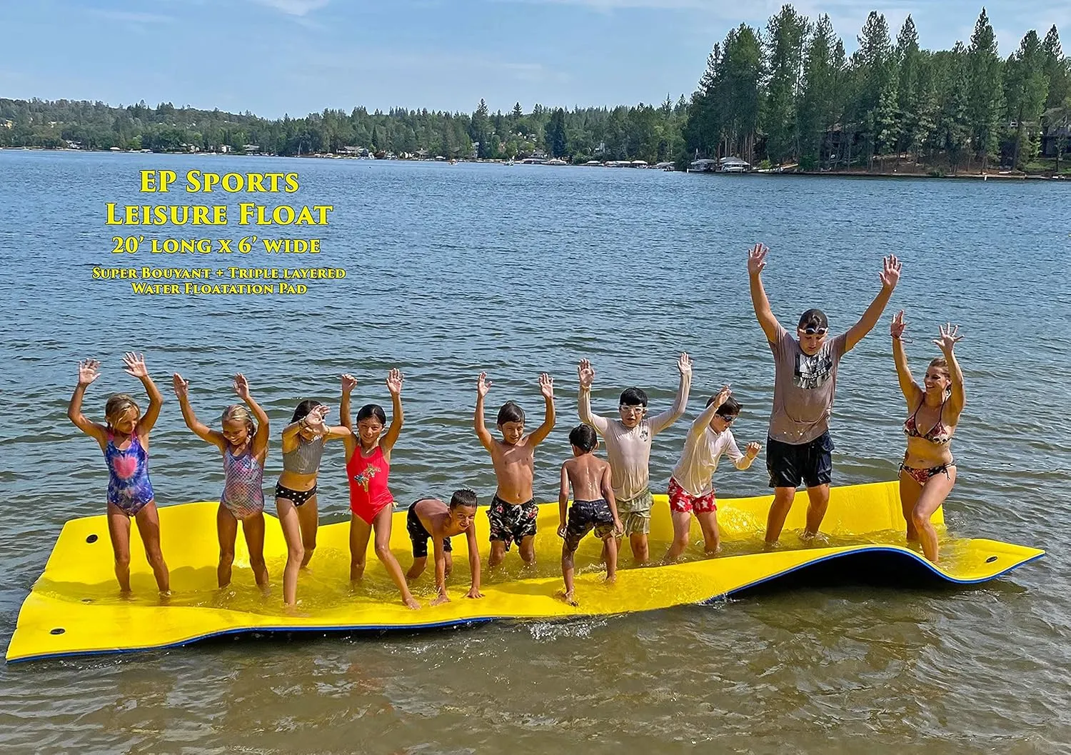 Leisure Float Foam Water Mat - Super Buoyant - Triple Layered - Mesh Reinforced, Blue, Yellow, 20 ft by 6 ft