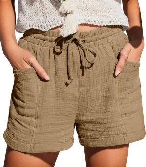 Linen Shorts for Women Drawstring High Waisted Plus Size Shorts Summer Vacation Loose Beach Pants with Pockets