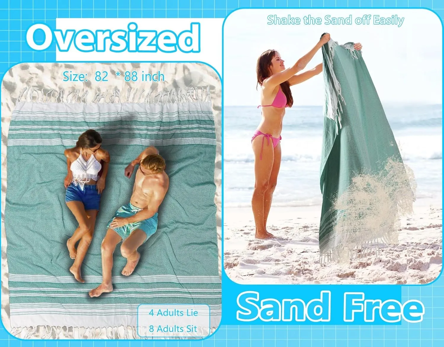 Oversized Cotton Turkish Beach Towel Blanket Giant XL Sandproof Boho Sand Free Towels Huge Jumbo XXL Extra Large Big Throw Quilt Blankets Cloud Teal and Blue