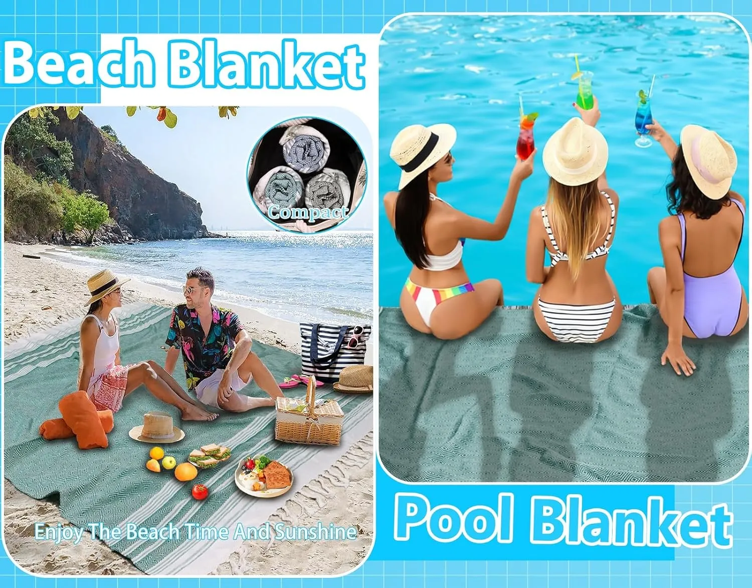 Oversized Cotton Turkish Beach Towel Blanket Giant XL Sandproof Boho Sand Free Towels Huge Jumbo XXL Extra Large Big Throw Quilt Blankets Cloud Teal and Blue