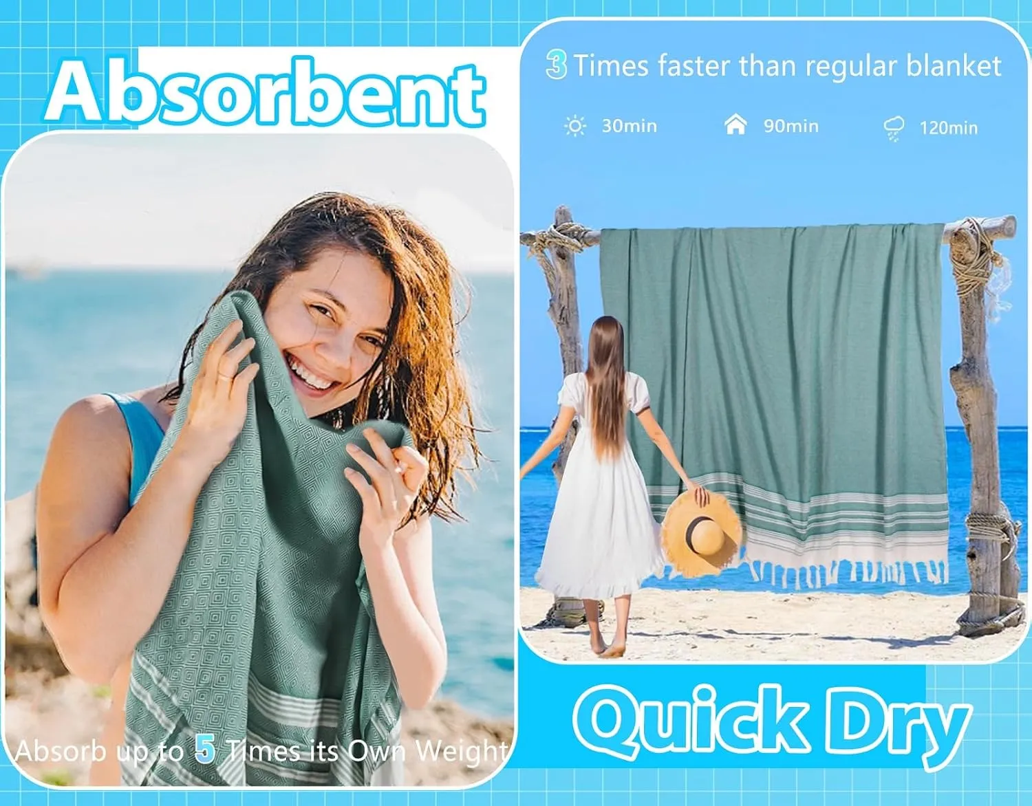 Oversized Cotton Turkish Beach Towel Blanket Giant XL Sandproof Boho Sand Free Towels Huge Jumbo XXL Extra Large Big Throw Quilt Blankets Cloud Teal and Blue