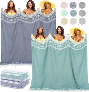 Oversized Cotton Turkish Beach Towel Blanket Giant XL Sandproof Boho Sand Free Towels Huge Jumbo XXL Extra Large Big Throw Quilt Blankets Cloud Teal and Blue