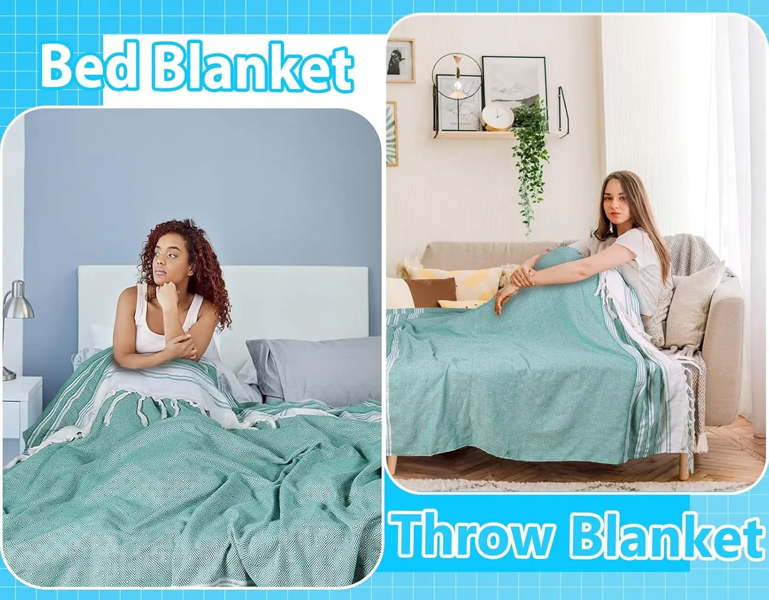 Oversized Cotton Turkish Beach Towel Blanket Giant XL Sandproof Boho Sand Free Towels Huge Jumbo XXL Extra Large Big Throw Quilt Blankets Cloud Teal and Blue
