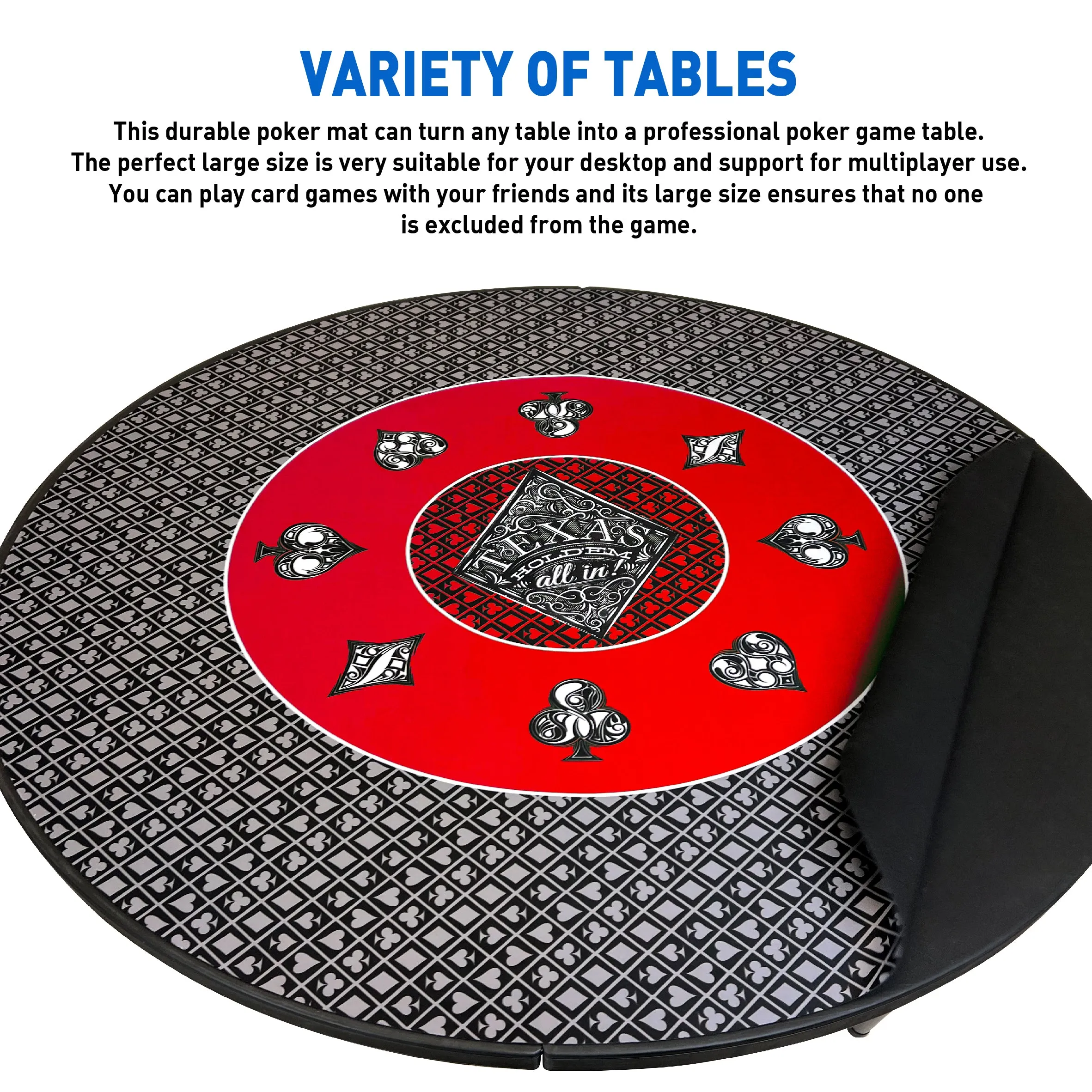 Poker Table Top Pad – for Texas Holdem Casino Style – 48” X 48” Round – Portable Rolling Rubber Folding Mat – Professional 3 Layers-Includes Carry Bag, 48 Black