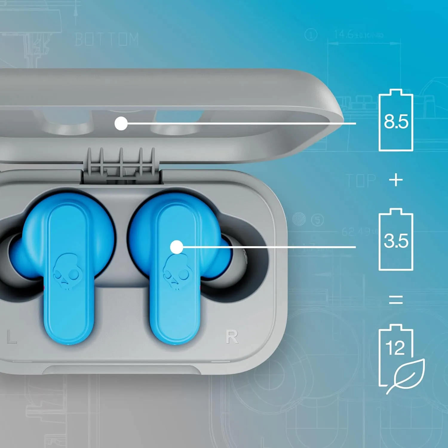 Skullcandy Dime 2 Wireless Earbuds, Bluetooth Headphones, Noise Isolating Fit, Up to 12 Hours Battery, Microphone for iPhone Android, Easy Carry with Integrated Lanyard - Light Grey/Blue