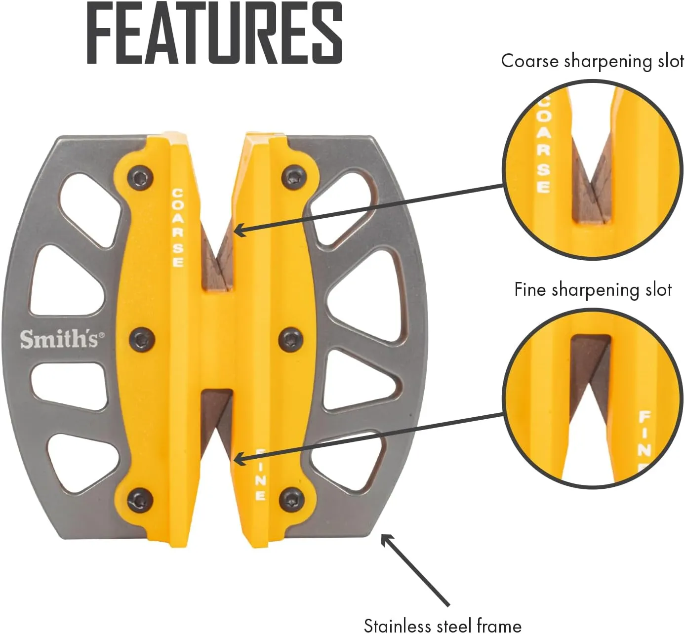 Smiths 51176 Stainless Steel 2-Step Knife Sharpener | Yellow | Preset Coarse & Fine Slots | Outdoor Handheld Knife Sharpener | Fishing, Hunting, Filet, Pocket Knives | Portable Compact Keychain Tool