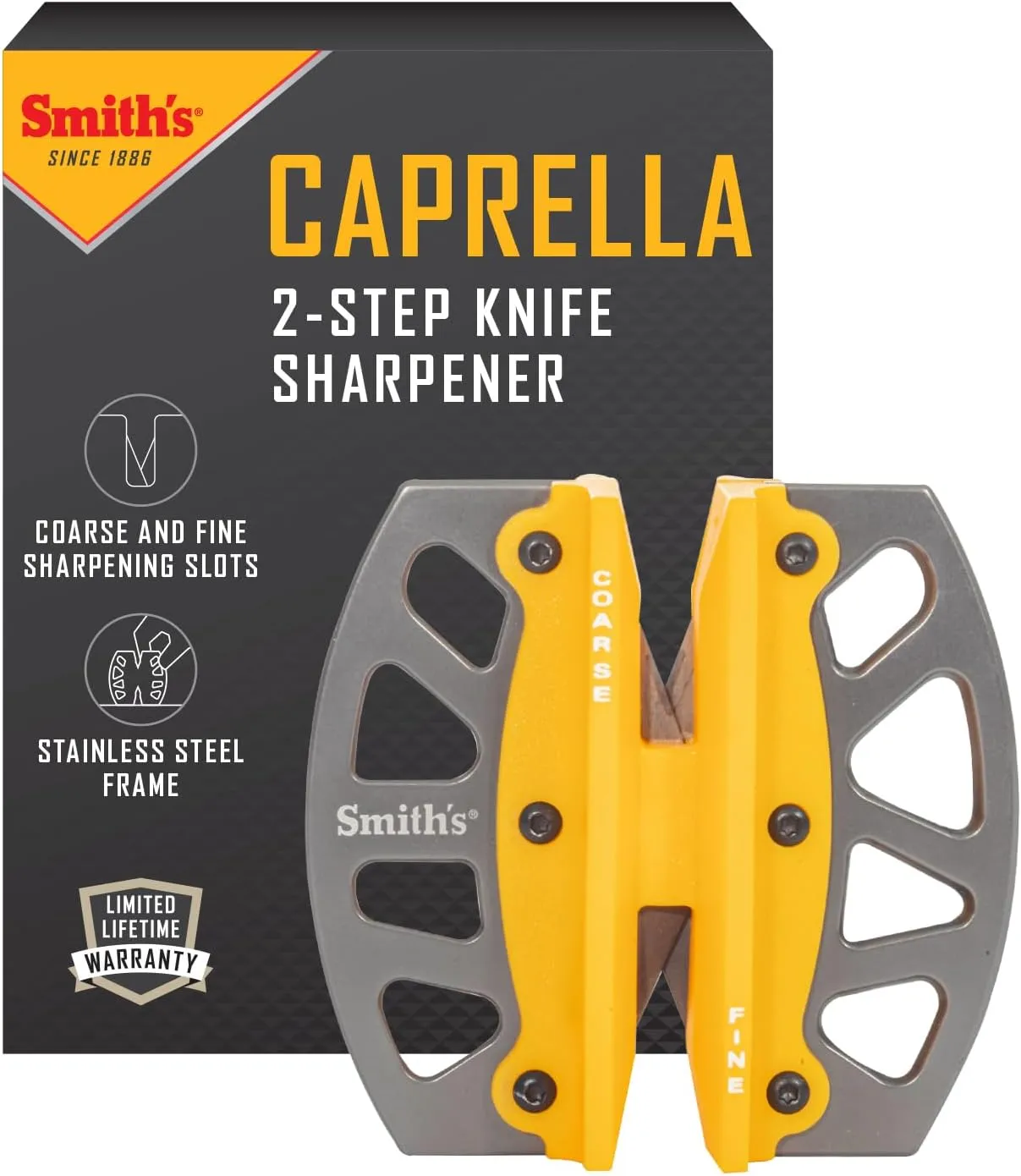 Smiths 51176 Stainless Steel 2-Step Knife Sharpener | Yellow | Preset Coarse & Fine Slots | Outdoor Handheld Knife Sharpener | Fishing, Hunting, Filet, Pocket Knives | Portable Compact Keychain Tool