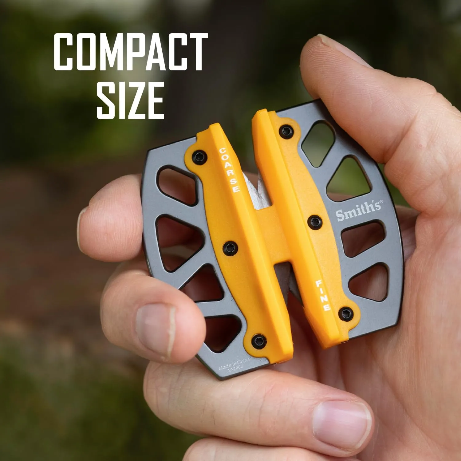 Smiths 51176 Stainless Steel 2-Step Knife Sharpener | Yellow | Preset Coarse & Fine Slots | Outdoor Handheld Knife Sharpener | Fishing, Hunting, Filet, Pocket Knives | Portable Compact Keychain Tool