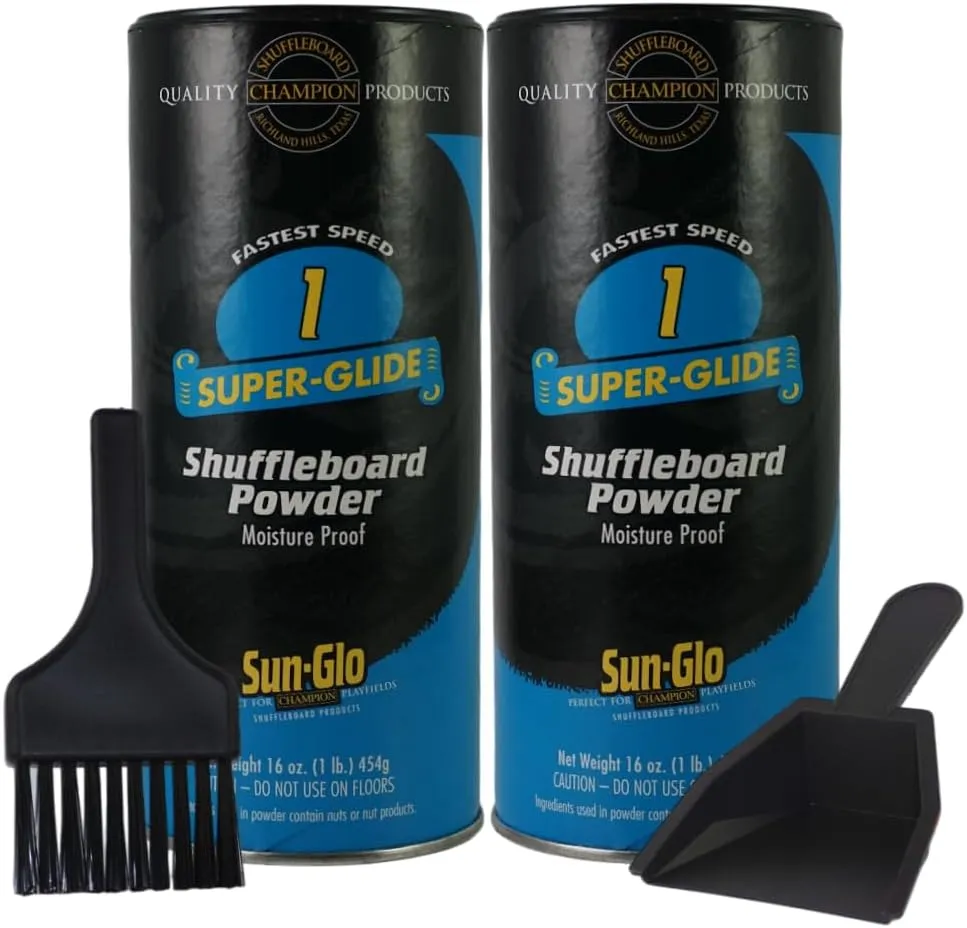 Sun-Glo Shuffleboard Sand - Shuffleboard Powder Wax with Mini Dustpan and Mini Brush Set, 2 Pack (16oz/Each) SunGlo #1 Super Glide (Fast Speed)