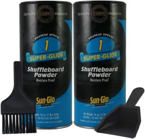Sun-Glo Shuffleboard Sand - Shuffleboard Powder Wax with Mini Dustpan and Mini Brush Set, 2 Pack (16oz/Each) SunGlo #1 Super Glide (Fast Speed)