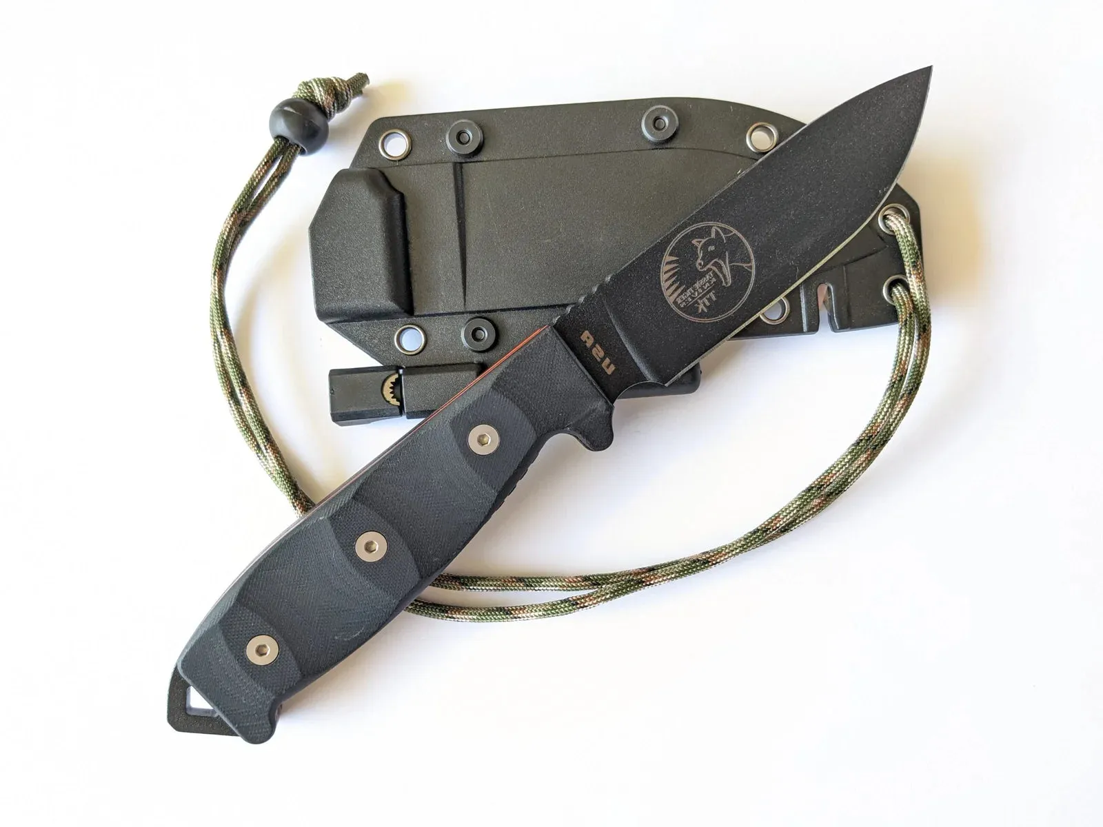 TASSIE TIGER KNIVES Fixed Blade Survival Knife, Micrata Handle & orange G10 Inlays   Sheath