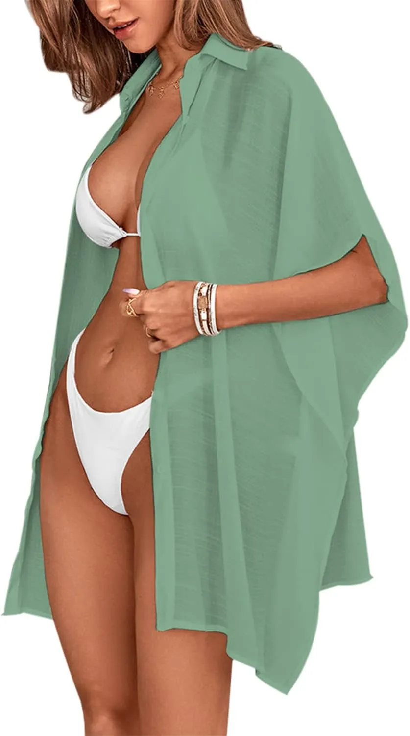 Womens Swimsuit Cover Up Shirts Oversized Beach Bikini Bathing Suit Coverups Beachwear Button Up