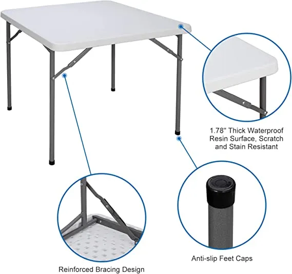 ZENY™ 3 Foot Square Folding Card Table, Indoor Outdoor Portable Plastic Kitchen or Camping Picnic Party Wedding Event Table, White